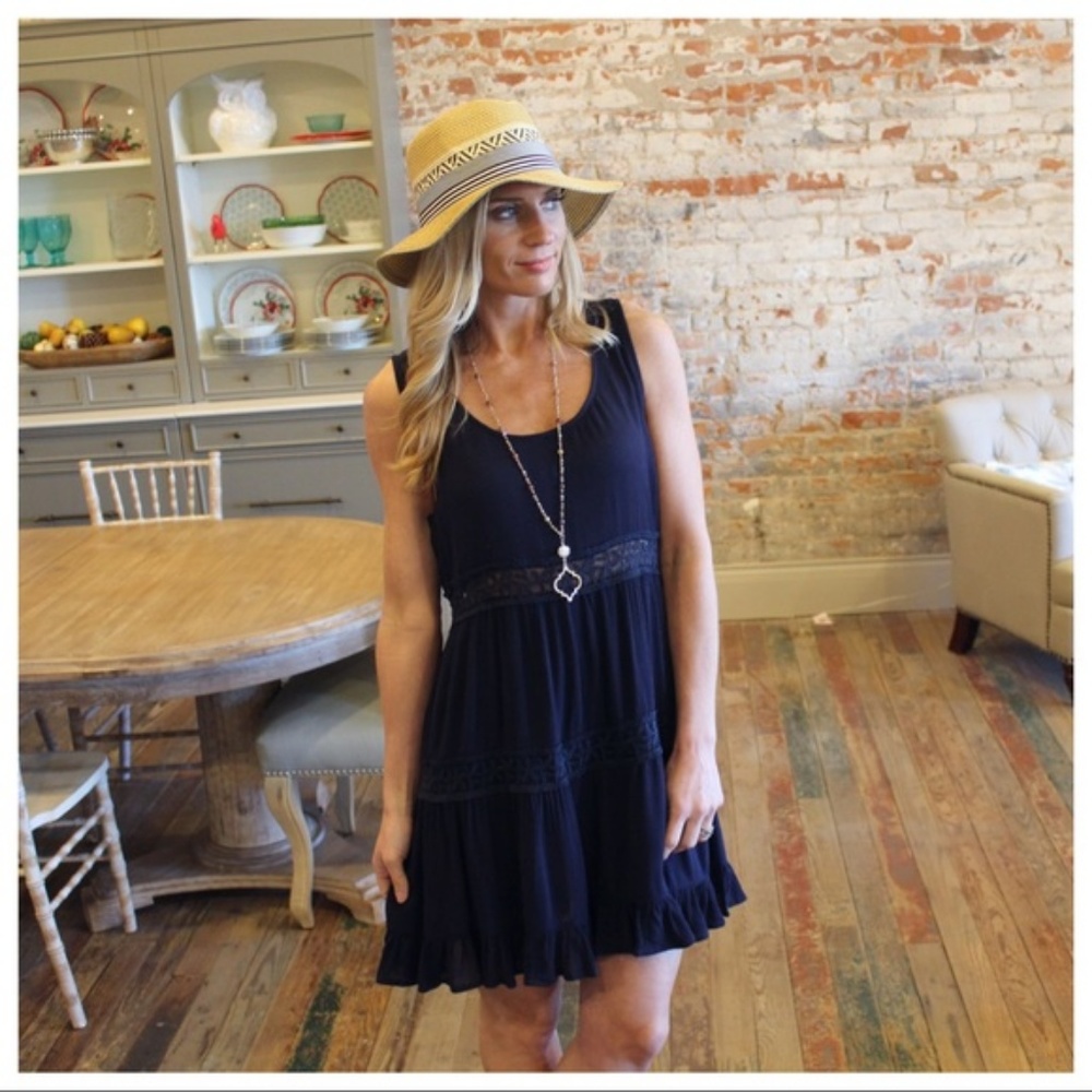 LAST ONE! Navy Sleeveless Lace Inset Dress - Picture 2 of 3